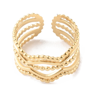 304 Stainless Steel Multi Line Wave Open Cuff Rings, Real 14K Gold Plated, Inner Diameter: 17mm