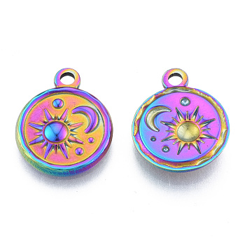 Ion Plating(IP) 201 Stainless Steel Pendants, Flat Round with Sun & Moon, Rainbow Color, 19x15.5x2.5mm, Hole: 2mm