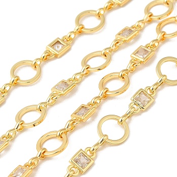 Rack Plating Brass Ring & Rectangle Link Chain, with Cubic Zirconia, Unwelded, Long-Lasting Plated, Lead Free & Cadmium Free, Real 18K Gold Plated, 8x4x1.5mm, 7x1mm