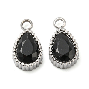 304 Stainless Steel Pendants, with Glass, Teardrop, Black, 10x5.5x4mm, Hole: 1.6mm
