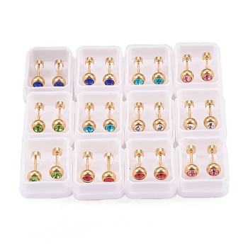 304 Stainless Steel Earlobe Plugs, Screw Back Earrings, with Rhinestone, Rondelle, Golden, Mixed Color, 13.5mm, Pin: 1mm