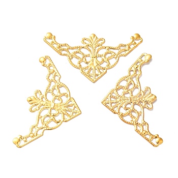 Iron Filigree Joiners, Etched Metal Embellishments, Corner Shape with Flower, Golden, 26x48x0.5mm