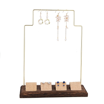 Iron Earring Display Stand, with Burlap & Wooden Base, Golden, 21.9x9x27.5cm