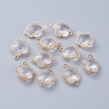 Glass Links connectors, with Eco-Friendly Alloy Open Back Berzel Findings, Flower, Light Gold, Clear, 15.5x12x5mm, Hole: 1.4mm