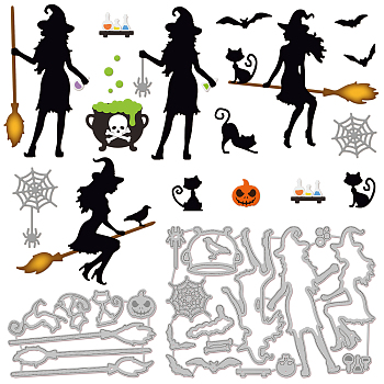 Halloween Theme Carbon Steel Cutting Dies Stencils, for DIY Scrapbooking, Photo Album, Decorative Embossing Paper Card, Stainless Steel Color, Witch Pattern, 63~149x105~107x0.8mm, 2pcs/set