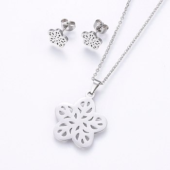 304 Stainless Steel Jewelry Sets, Stud Earrings and Pendant Necklaces, Flower, Stainless Steel Color, Necklace: 17.7 inch(45cm), Stud Earrings: 9x9.5x1.2mm, Pin: 0.8mm