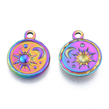 Rainbow Color Flat Round 304 Stainless Steel Pendants