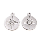 Valentine's Day 304 Stainless Steel Charms, Round with Flower Charms, Stainless Steel Color, 14.5x12x1mm, Hole: 1mm(STAS-E521-05P)