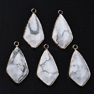 Natural Howlite Charms, with Golden Plated Brass Edge and Loop, Faceted, Rhombus, 35x17.5x8.5mm, Hole: 2mm(G-Q998-029C)