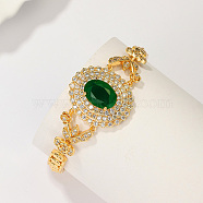 Real 18K Gold Plated Brass Rhinestone Link Bracelets, Oval, Green, 7-1/8 inch(18cm)(TO0430-1)