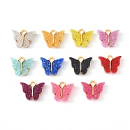 Alloy Enamel Pendants with Glitter Powder and Zinc Alloy Hanging Plating, Butterfly, Light Gold, Mixed Color, 13x15x3.5mm, Hole: 2.0mm(X-ENAM-R056-01)
