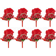 8Pcs Cloth Rose Flower Boutonniere Brooch with Rhinestone, Iron Lapel Pin for Wedding Party, Red, 110x57x43mm, Pin: 0.7mm.(AJEW-CP0001-79B)