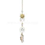 Natural Quartz Crystal Hanging Suncatchers, Rainbow Maker, with Glass Beads, Iron Ring and Brass Charm, Sun, Golden, 365mm(HJEW-P015-05)