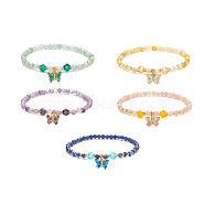 5Pcs 5 Style Natural Mixed Gemstone & Glass Beaded Stretch Bracelets Set, Cubic Zirconia Butterfly Charms Stackable Bracelets for Women, Inner Diameter: 2-1/8 inch(5.3cm), 1Pc/style(BJEW-JB08881)