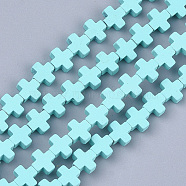 Spray Painted Non-magnetic Synthetic Hematite Beads Strands, Cross, Cyan, 6~6.5x6~6.5x2.5mm, Hole: 0.8mm, about 66~75pcs/strand, 16.5 inch~18.7 inch(G-T116-18A-08)