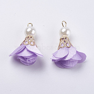Nylon Pendant Decorations, with Iron Findings, and Acrylic Pearl Beads, Flower, Light Gold, Violet, 30x27mm, Hole: 2mm(CCB-F007-E07)