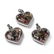 Glass Bottle Pendants, with Natural Tourmaline Chips and Platinum Plated Alloy Findings, Heart, 40x32.5x11mm, Hole: 8x5mm(G-Z010-02E)