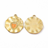 Vacuum Plating 201 Stainless Steel Enamel Pendants, Real 18K Gold Plated, Flat Round with Sacred Heart Charm, Light Salmon, 22x19.5x1.7mm, Hole: 1.3mm(STAS-J401-VC1022)