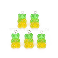 Transparent Resin Pendants, with Glitter Powder and Platinum Tone Iron Loop, Bear, Lime, 21x11x7mm, Hole: 1.8mm(RESI-R429-31D)