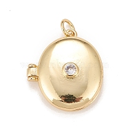 Brass Micro Pave Cubic Zirconia Locket Pendants, Photo Frame Charms for Necklaces, Real 18K Gold Plated, Lead Free & Cadmium Free, Oval, Clear, 22x19.5x6.5mm, Hole: 3mm, Inner Diameter: 15x12mm(X-KK-A161-37G)