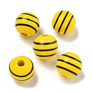 Printed Wood European Beads, Round with Stripe Pattern, Gold, 15.5~16mm, Hole: 4~4.5mm(WOOD-G022-14E)