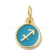 Real 18K Gold Plated Brass Enamel Charms, with Jump Ring, Long-Lasting Plated, Lead Free & Cadmium Free, Flat Round with Sagittarius Charms, Dark Cyan, 10x8x1mm, Hole: 4mm(KK-L216-001G-C05)