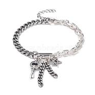 SHEGRACE Rhodium Plated 925 Sterling Silver Charm Bracelets, with Cable Chains and Curb Chains, Star and Key, Platinum, 6-1/8 inch(15.5cm)(JB502A)