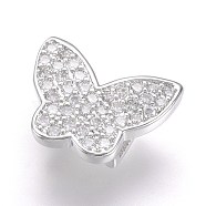 Brass Micro Pave Cubic Zirconia Slide Charm, Real Platinum Plated, Butterfly, 9.5x12x4mm, Hole: 2x5mm(X-ZIRC-E124-73)