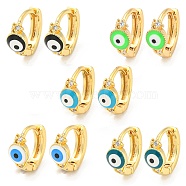 Evil Eye Real 18K Gold Plated Brass Hoop Earrings, with Enamel and Clear Cubic Zirconia, Mixed Color, 10.5x5mm(EJEW-L269-066G)