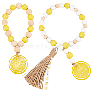 2Pcs 2 Style Lemon Wooden Beaded Garland with Rustic Jute Tassel, Pendant Decoration, Wall Hanging Prayer Beads, Yellow, 220~630mm, 1pc/style(HJEW-GF0001-26)