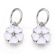 Enamel Style Flower Alloy Rhinestone Charms, with Iron Findings, Antique Silver, White, 13.5x11x3mm, Hole: 6mm(ENAM-S085-08)