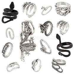 Elite 14Pcs 14 Style Snake & Dragon Alloy Cuff Rings Set, Gothic Stackable Rings for Man, Mixed Color, US Size 5 1/4(15.9mm)~US Size 10 1/2(20.1mm), 1Pc/style(RJEW-PH0001-13)