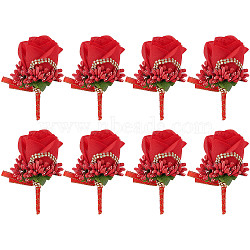 8Pcs Cloth Rose Flower Boutonniere Brooch with Rhinestone, Iron Lapel Pin for Wedding Party, Red, 110x57x43mm, Pin: 0.7mm.(AJEW-CP0001-79B)