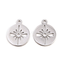 Valentine's Day 304 Stainless Steel Charms, Round with Flower Charms, Stainless Steel Color, 14.5x12x1mm, Hole: 1mm(STAS-E521-05P)