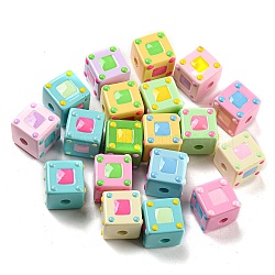 Opaque Acrylic European Beads, with Enamel, Large Hole Beads, Cube, Mixed Color, 14.6x19x14mm, Hole: 4mm(OACR-E026-03)