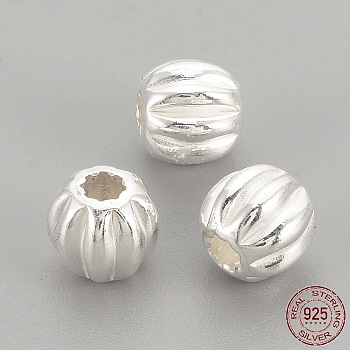 925 Sterling Silver Corrugated Beads, Round, Silver, 6x5.5mm, Hole: 2mm