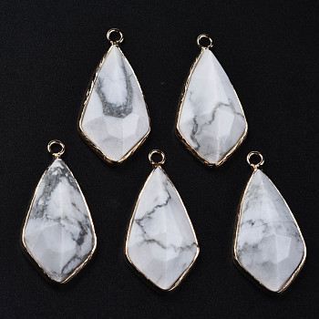 Natural Howlite Charms, with Golden Plated Brass Edge and Loop, Faceted, Rhombus, 35x17.5x8.5mm, Hole: 2mm