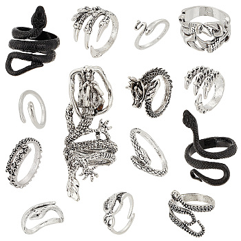 Elite 14Pcs 14 Style Snake & Dragon Alloy Cuff Rings Set, Gothic Stackable Rings for Man, Mixed Color, US Size 5 1/4(15.9mm)~US Size 10 1/2(20.1mm), 1Pc/style