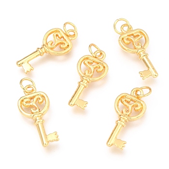 Alloy Pendants, Long-Lasting Plated, with Jump Ring, Key, Real 18K Gold Plated, 22x9.5x2.7mm, Hole: 3.5mm