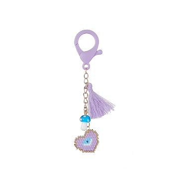 Heart Handmade Loom Pattern Seed Beads Pendant Decorations, with Lampwork Mushroom and Tassel Charms, Lobster Claw Clasp, Lilac, 105.5mm