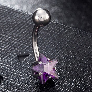 Piercing Jewelry, Brass Cubic Zirciona Navel Ring, Belly Rings, with 304 Stainless Steel Bar, Lead Free & Cadmium Free, Star, Purple, 20mm, Star: 8mm, Bar: 15 Gauge(1.5mm), Bar Length: 3/8"(10mm)