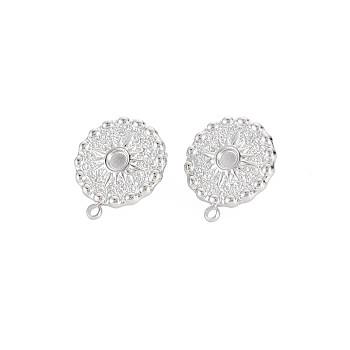 304 Stainless Steel Stud Earring Findings, Earring Setting for Enamel, with Ear Nuts and Loop, Flat Round with Sun, Stainless Steel Color, 17x15mm, Hole: 1.5mm, Pin: 0.7mm, Tray: 3mm