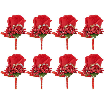 8Pcs Cloth Rose Flower Boutonniere Brooch with Rhinestone, Iron Lapel Pin for Wedding Party, Red, 110x57x43mm, Pin: 0.7mm.