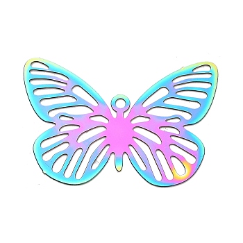201 Stainless Steel Pendants, Etched Metal Embellishments, Butterfly Charm, Rainbow Color, 19x29x0.3mm, Hole: 1.5mm