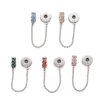 304 Stainless Steel Flat Round Safety Chain Clip Lock Stopper Charms, European Clasps, with Rhinestone, Golden, Stainless Steel Color, for European Charm Bracelets, Mixed Color, 82mm, Hole: 3.5mm