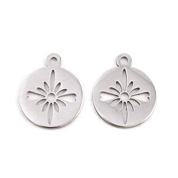 Valentine's Day 304 Stainless Steel Charms, Round with Flower Charms, Stainless Steel Color, 14.5x12x1mm, Hole: 1mm