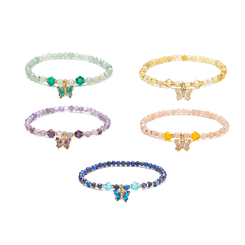 5Pcs 5 Style Natural Mixed Gemstone & Glass Beaded Stretch Bracelets Set, Cubic Zirconia Butterfly Charms Stackable Bracelets for Women, Inner Diameter: 2-1/8 inch(5.3cm), 1Pc/style