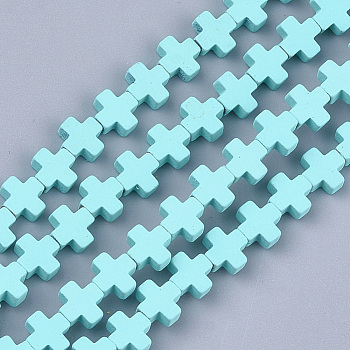 Spray Painted Non-magnetic Synthetic Hematite Beads Strands, Cross, Cyan, 6~6.5x6~6.5x2.5mm, Hole: 0.8mm, about 66~75pcs/strand, 16.5 inch~18.7 inch