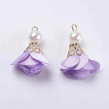 Nylon Pendant Decorations, with Iron Findings, and Acrylic Pearl Beads, Flower, Light Gold, Violet, 30x27mm, Hole: 2mm
