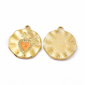 Vacuum Plating 201 Stainless Steel Enamel Pendants, Real 18K Gold Plated, Flat Round with Sacred Heart Charm, Light Salmon, 22x19.5x1.7mm, Hole: 1.3mm
